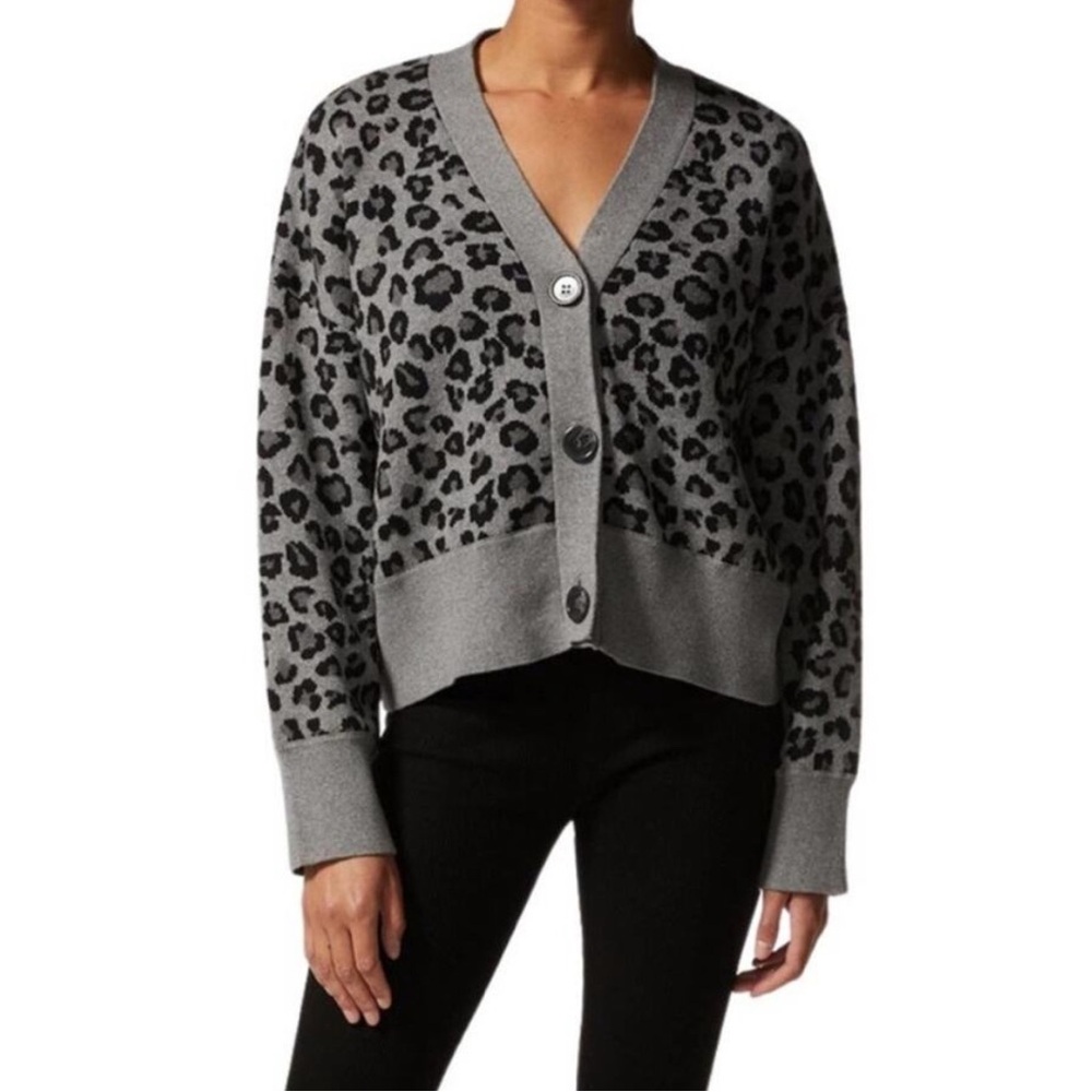 NEW MONROW Oversized Leopard Cardigan in Heather Grey Cotton/ Cashmere Small